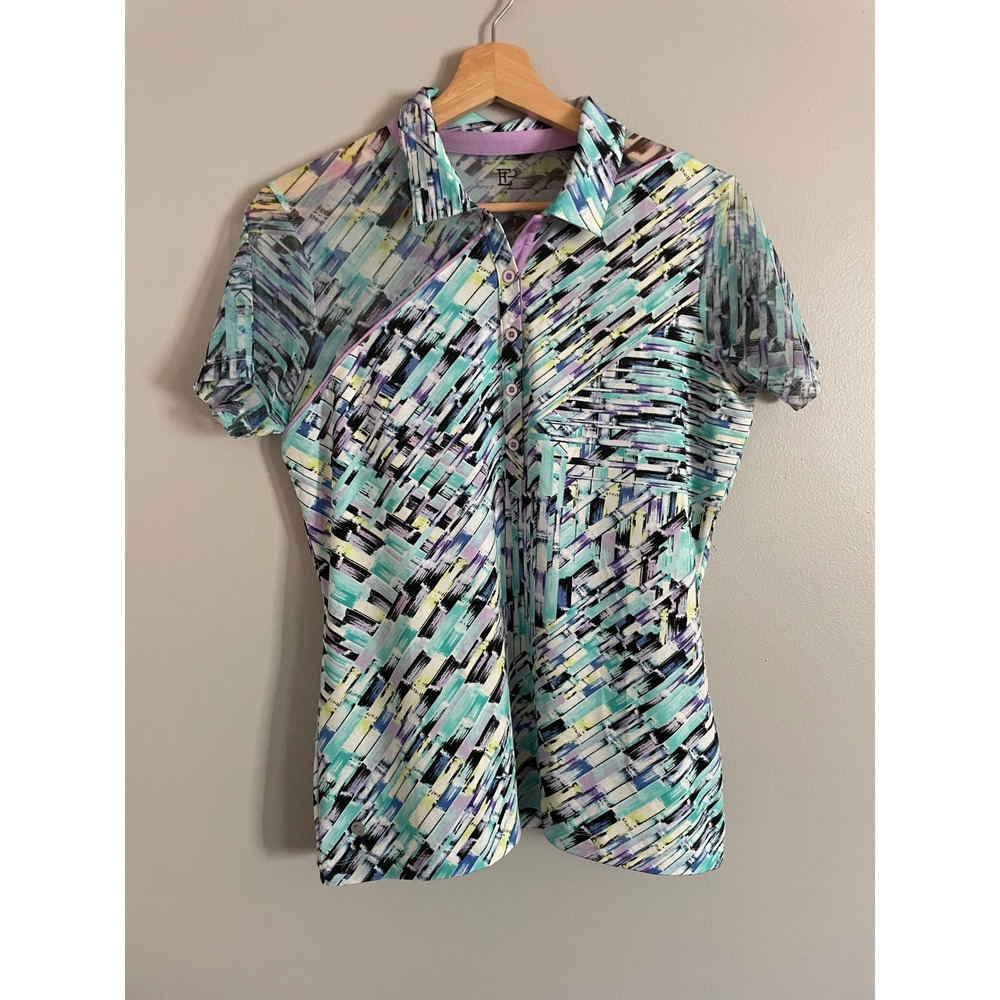 EP Pro Golf Polo Women Small Teal Purple Abstract Mesh Back Sporty Top